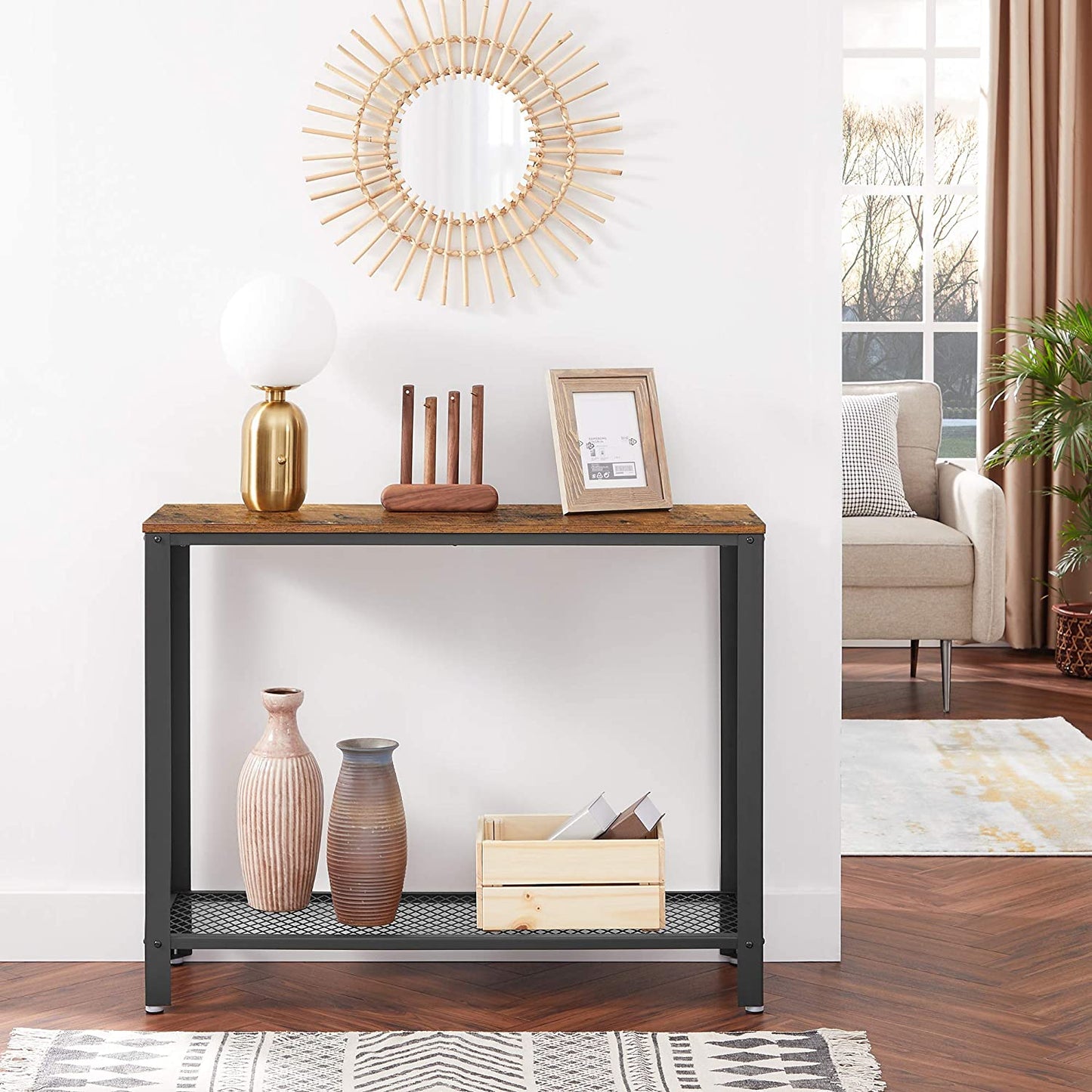 Rustic Brown Console Table with Metal Frame
