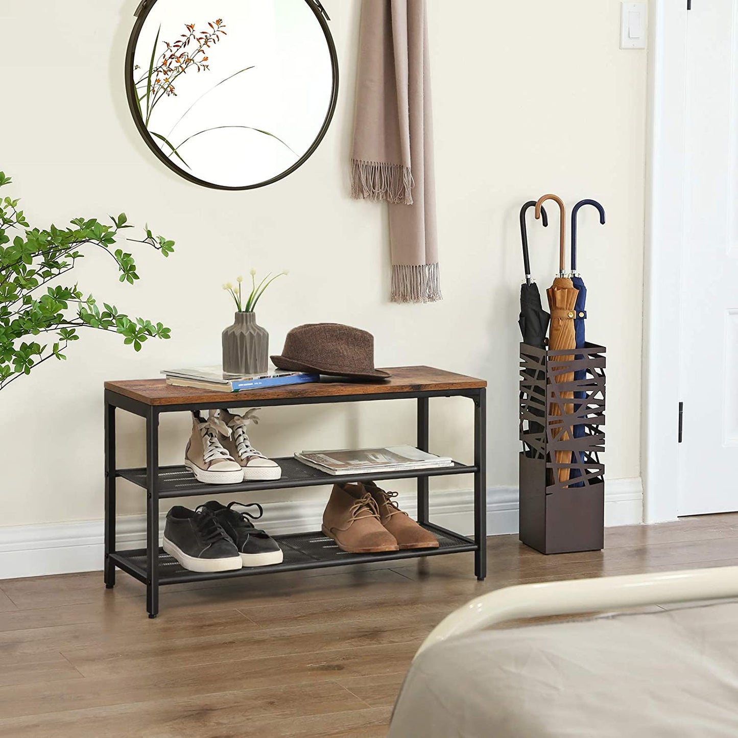 Rustic Brown and Black Shoe Rack with 2 Mesh Shelves