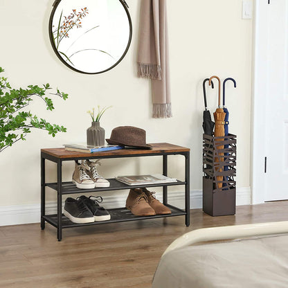 Rustic Brown and Black Shoe Rack with 2 Mesh Shelves