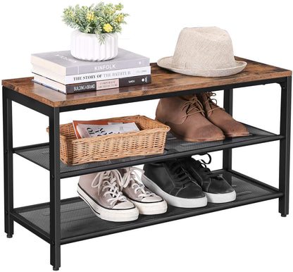 Rustic Brown and Black Shoe Rack with 2 Mesh Shelves