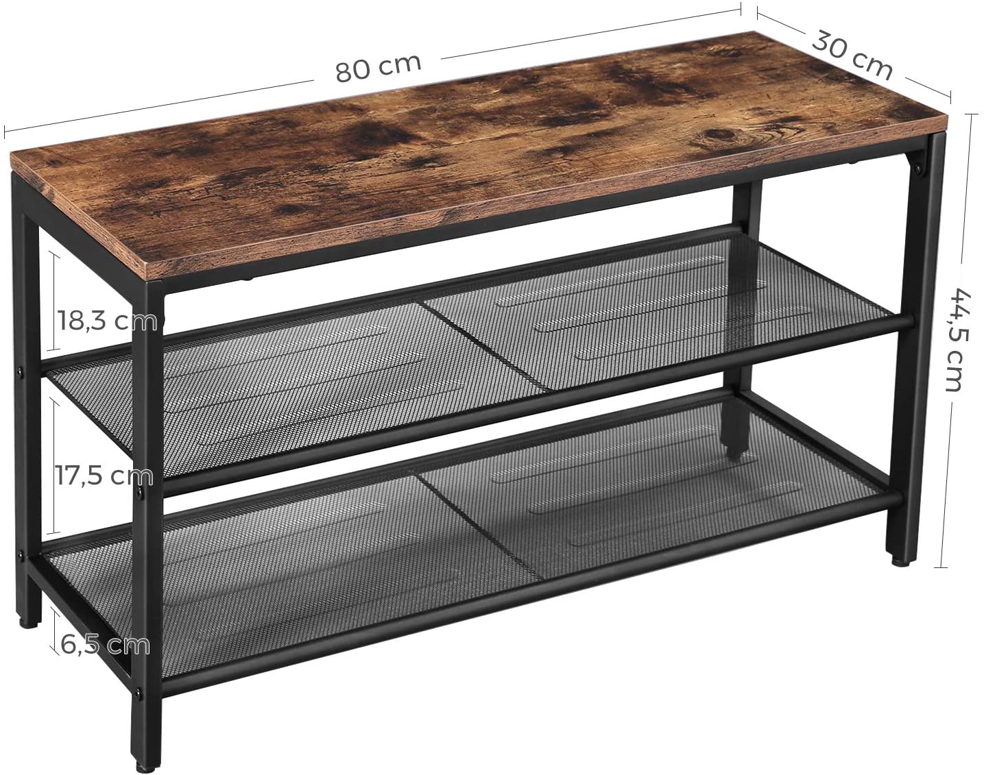 Rustic Brown and Black Shoe Rack with 2 Mesh Shelves