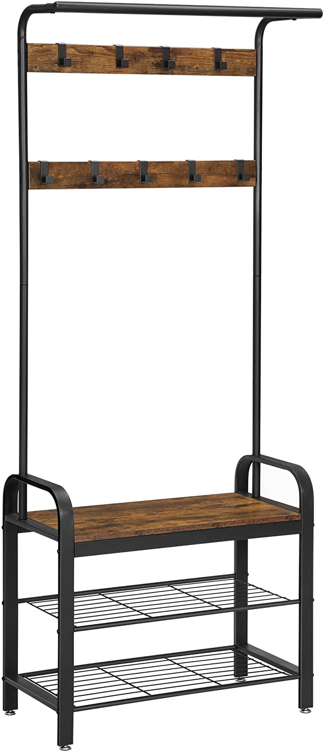Premium Vintage Coat Rack Shoe Bench Wood Look Hall Tree with 9 Hooks