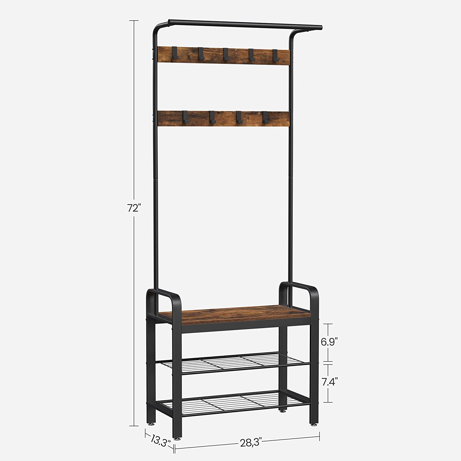 Premium Vintage Coat Rack Shoe Bench Wood Look Hall Tree with 9 Hooks