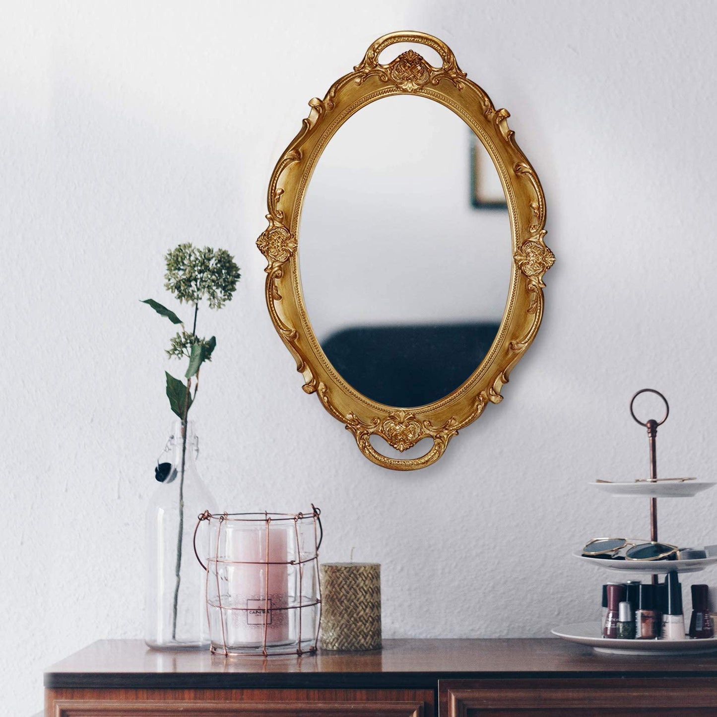 Oval Antique Gold Vintage Decorative Wall Mirror 25 x 38 cm - Lightweight & Easy to Hang