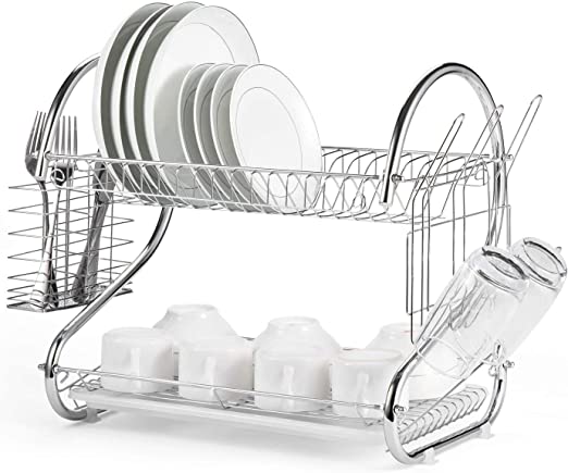 2 Tier Dish Rack with Drain Board, Chrome Finish, 42 x 25.5 x 38 cm - SuperSaverAU - view 1