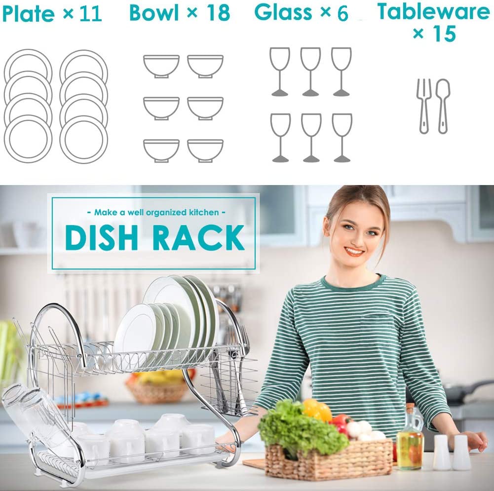 2 Tier Dish Rack with Drain Board, Chrome Finish, 42 x 25.5 x 38 cm - SuperSaverAU - view 2