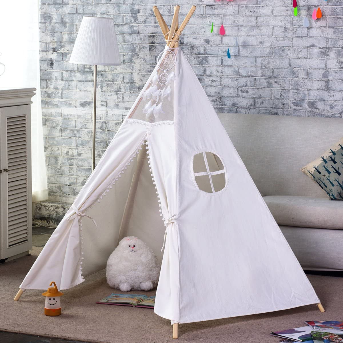 5 Poles Giant Kids Teepee Tent Natural Canvas 120x120x140 cm Child Safe