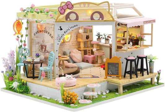 Dollhouse Miniature with Furniture Kit, 23.5x16x19.5 cm, Cat Coffee, Music Movement