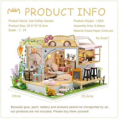 Dollhouse Miniature with Furniture Kit, 23.5x16x19.5 cm, Cat Coffee, Music Movement