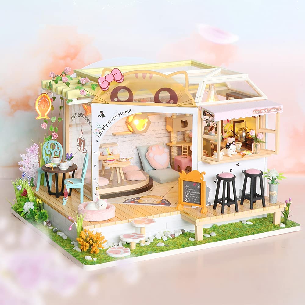 Dollhouse Miniature with Furniture Kit, 23.5x16x19.5 cm, Cat Coffee, Music Movement