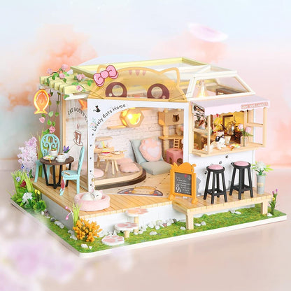 Dollhouse Miniature with Furniture Kit, 23.5x16x19.5 cm, Cat Coffee, Music Movement