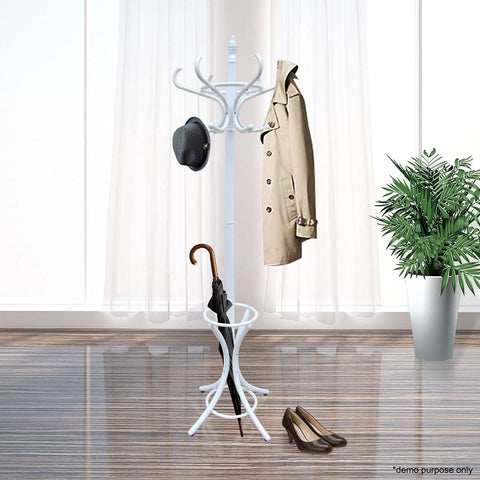 Premium White Wooden Coat Rack Stand 187cm with 12 Hooks Umbrella Ring