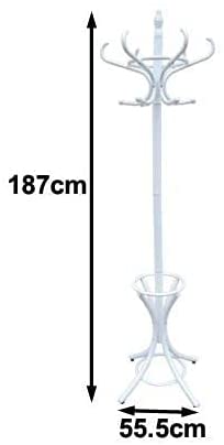 Premium White Wooden Coat Rack Stand 187cm with 12 Hooks Umbrella Ring