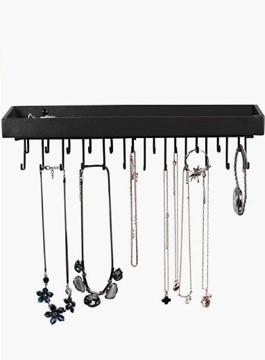 Wall Mount Jewellery Organizer with 23 Hooks, Top Shelf, 37x7x10 cm, Black - SuperSaverAU - view 1