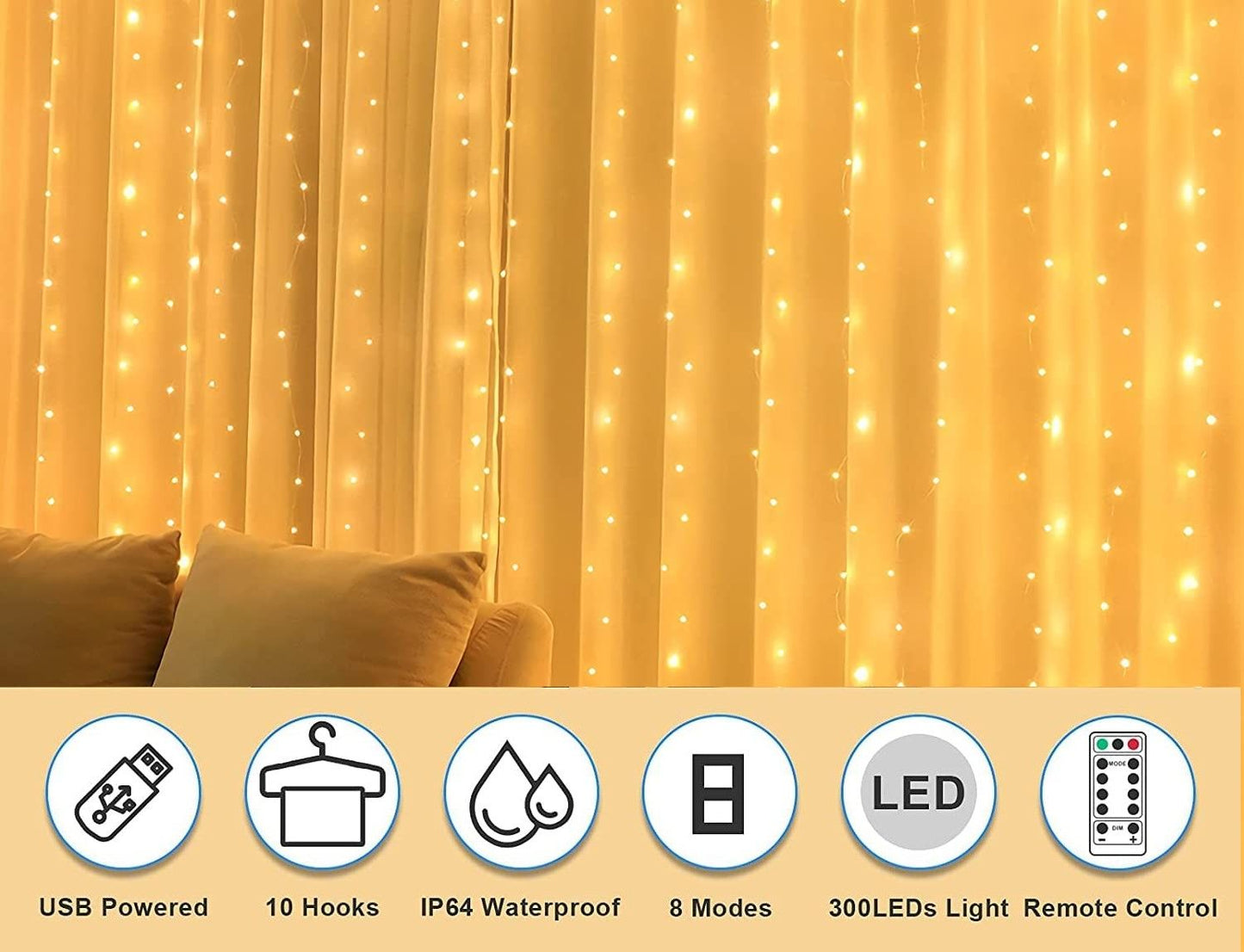 USB Powered 300 LED Curtain String Light, 3m x 3m, 8 Modes, Remote Control