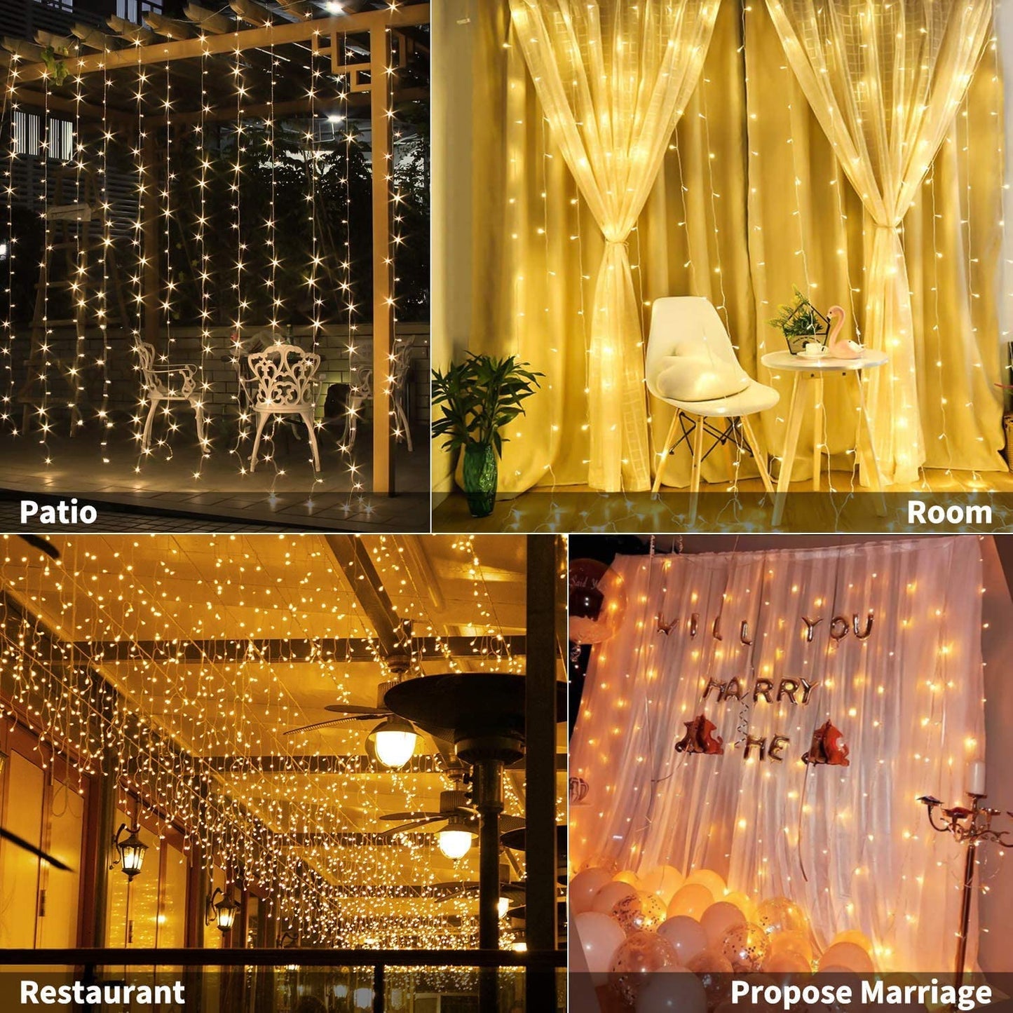 USB Powered 300 LED Curtain String Light, 3m x 3m, 8 Modes, Remote Control