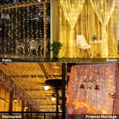 USB Powered 300 LED Curtain String Light, 3m x 3m, 8 Modes, Remote Control