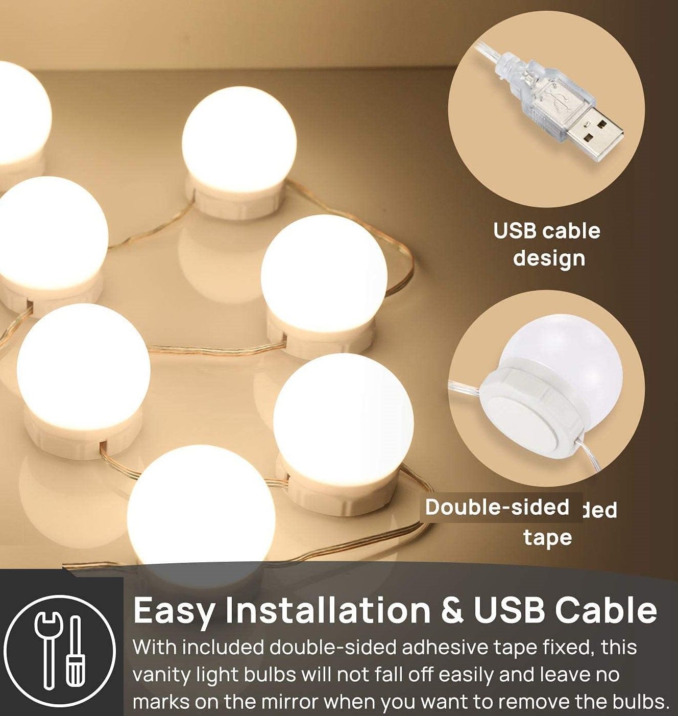 Hollywood Vanity Style LED Makeup Lights with 3 Color Modes & 10 Dimmable Bulbs, 20 x 14 x 6 cm