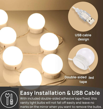 Hollywood Vanity Style LED Makeup Lights with 3 Color Modes & 10 Dimmable Bulbs, 20 x 14 x 6 cm