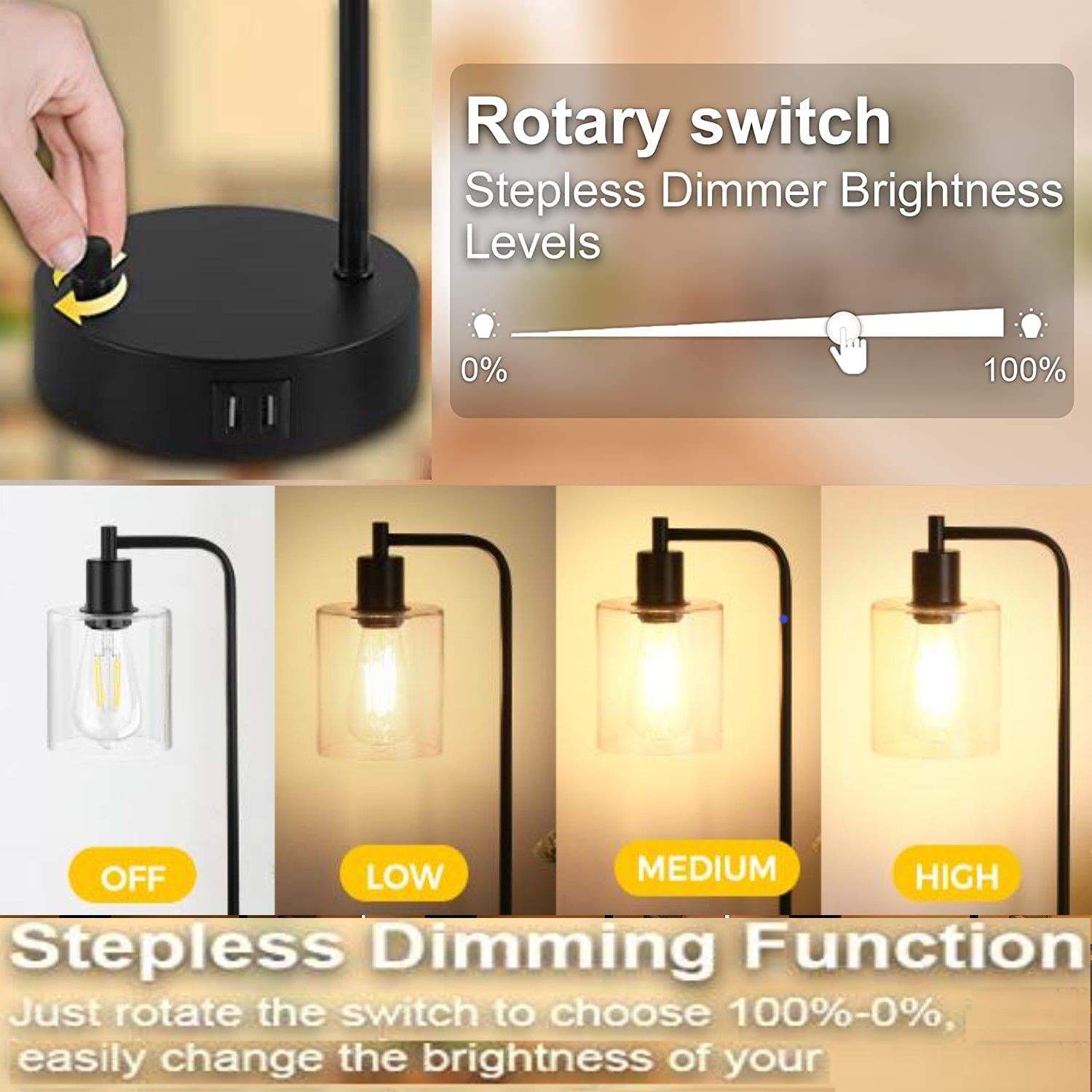 2x Pack Industrial Table Lamp with 2 USB Ports, Dimmable LED Bulb, 40x23x20 cm - SuperSaverAU - view 2