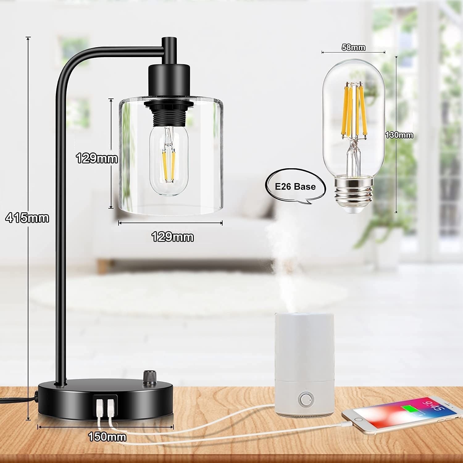 2x Pack Industrial Table Lamp with 2 USB Ports, Dimmable LED Bulb, 40x23x20 cm - SuperSaverAU - view 3