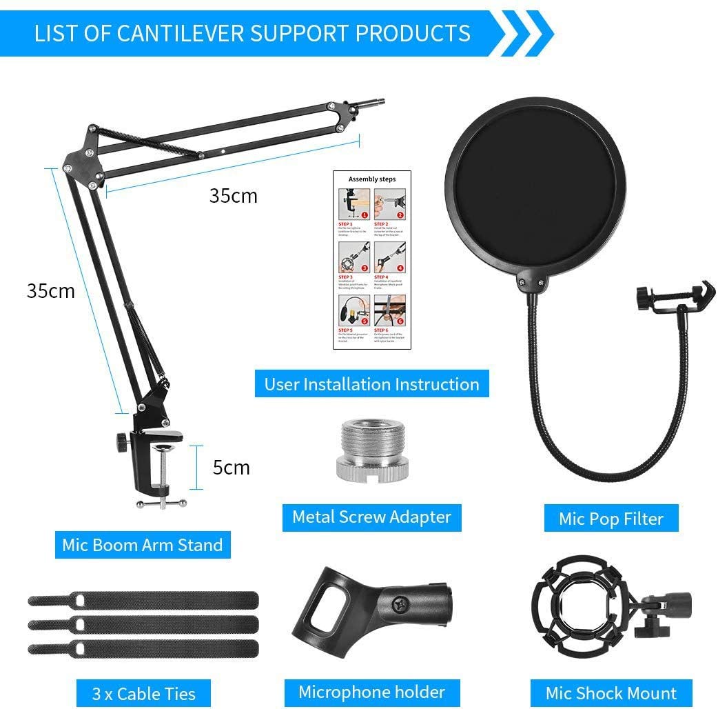 Premium Microphone Broadcasting Boom Arm Stand with Pop Filter