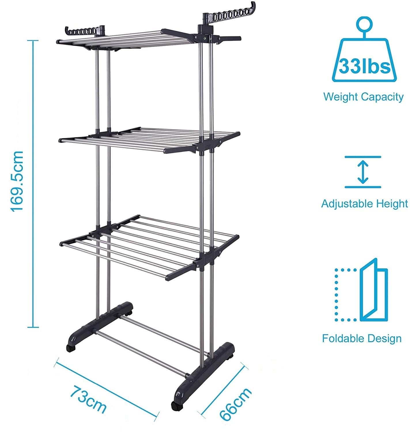 3 Tier Foldable Clothes Drying Rack 73x66x170 cm with Hanger Stand Rail Indoor - SuperSaverAU - view 3