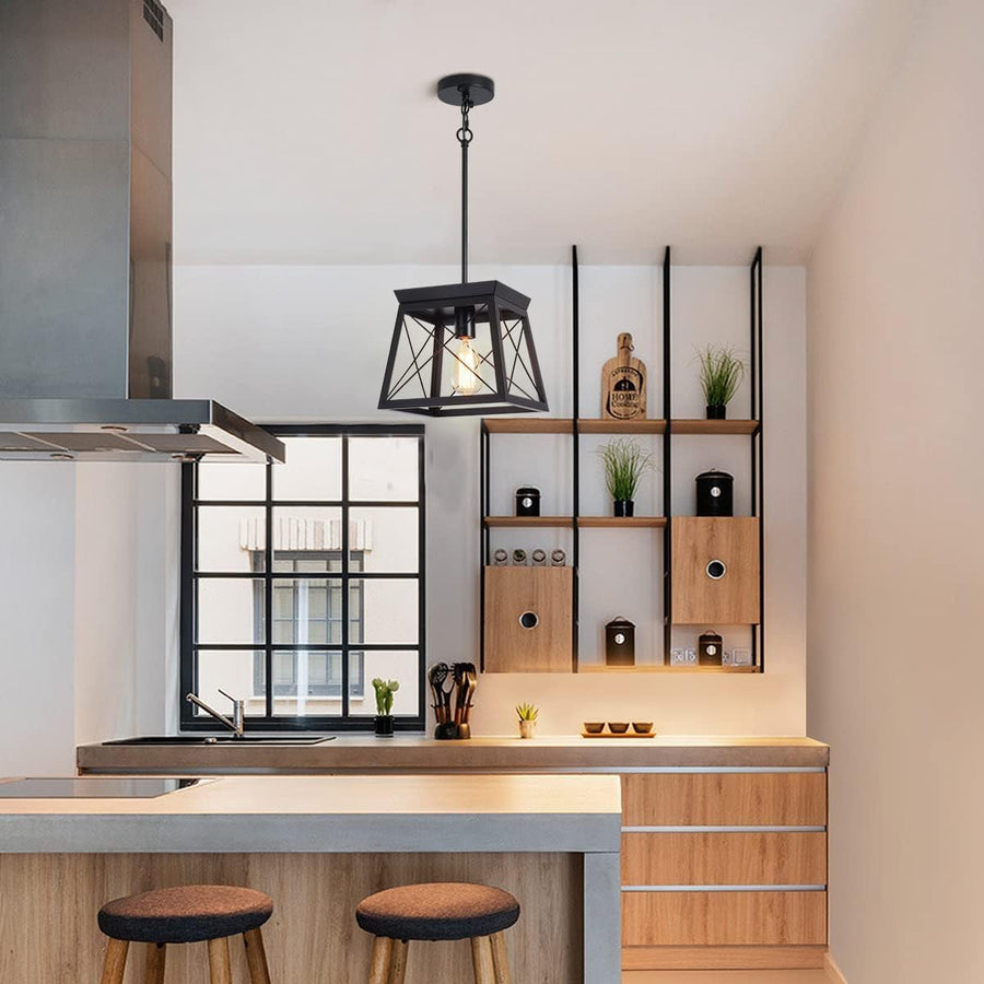 Farmhouse Pendant Light Rustic Lantern Chandelier Black 25x25x132cm E27 Socket - SuperSaverAU - view 1