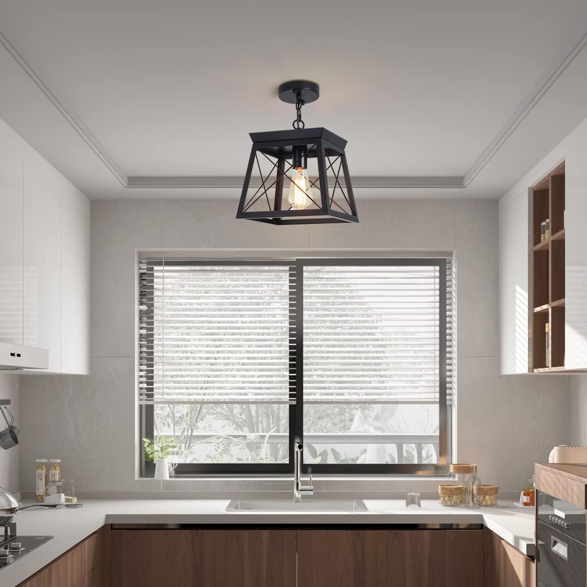 Farmhouse Pendant Light Rustic Lantern Chandelier Black 25x25x132cm E27 Socket - SuperSaverAU - view 2