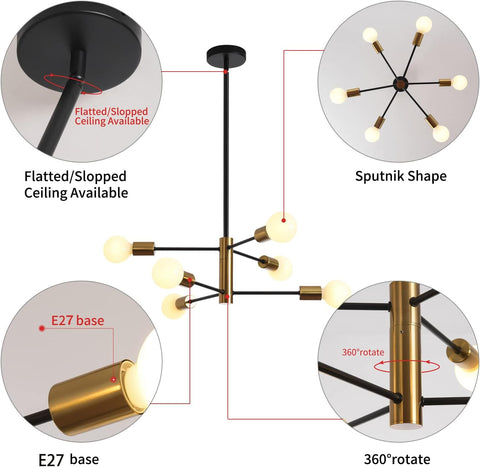 6-Light Sputnik Chandelier, Modern Industrial, Adjustable Height, Black & Gold, 33.5in/85cm - SuperSaverAU - view 2