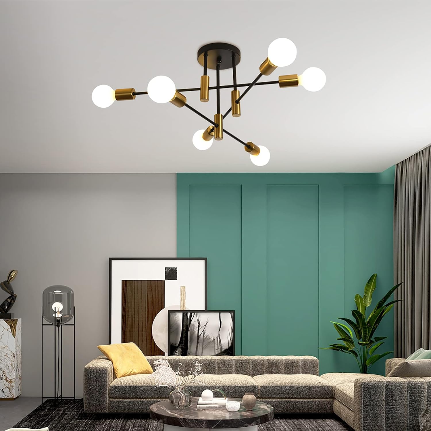 Mid Century Modern Sputnik Chandelier, 6-Light, Black & Gold, 62cm x 29cm - SuperSaverAU - view 1