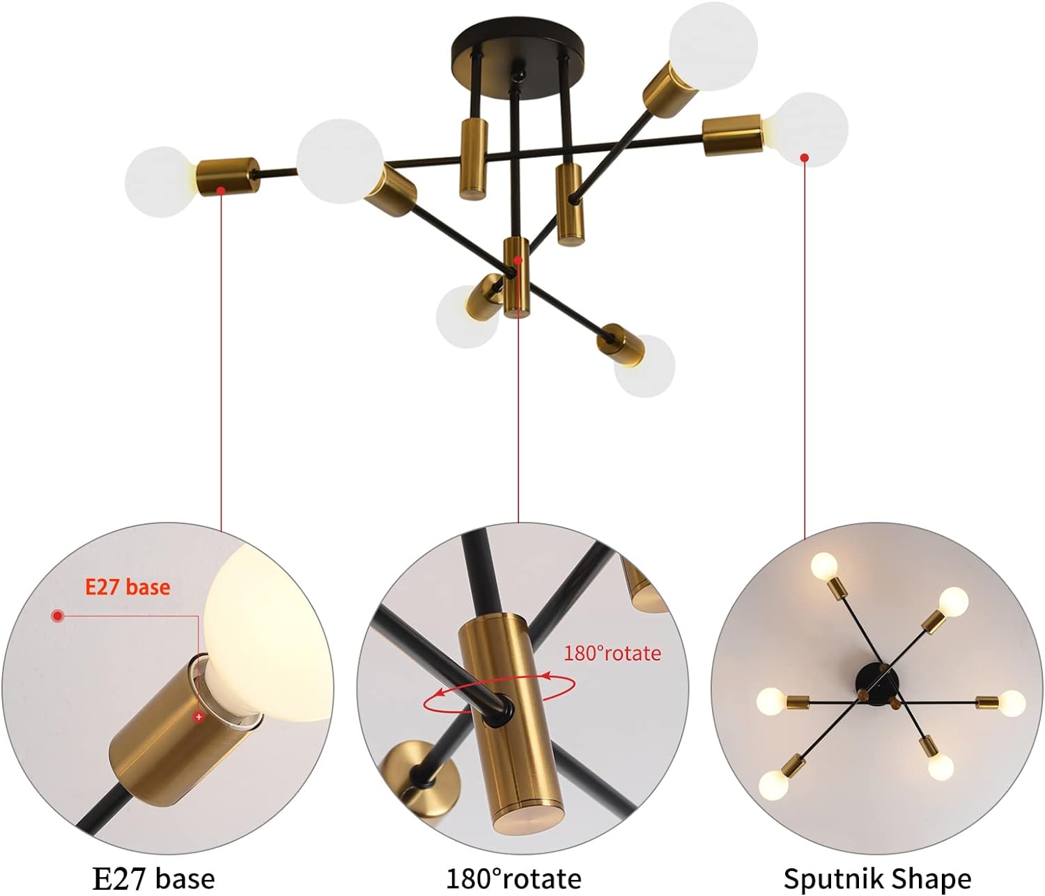 Mid Century Modern Sputnik Chandelier, 6-Light, Black & Gold, 62cm x 29cm - SuperSaverAU - view 2