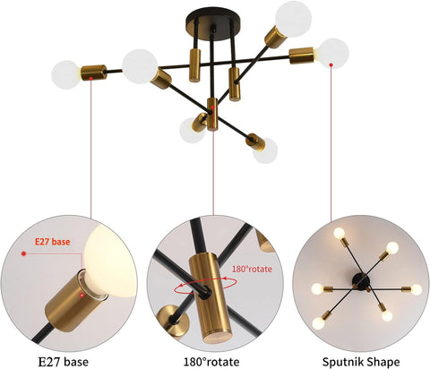 Mid Century Modern Sputnik Chandelier, 6-Light, Black & Gold, 62cm x 29cm - SuperSaverAU - view 2