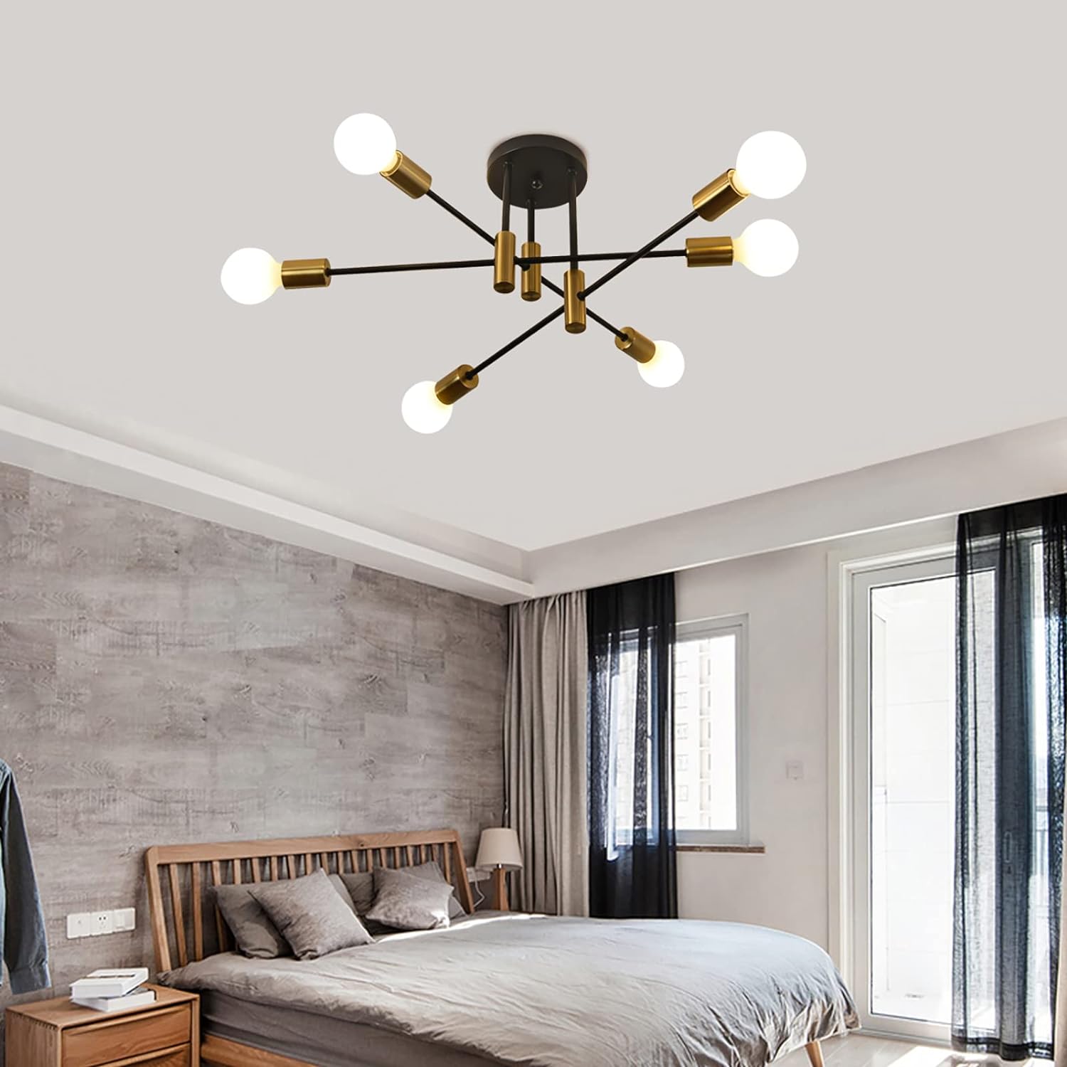 Mid Century Modern Sputnik Chandelier, 6-Light, Black & Gold, 62cm x 29cm - SuperSaverAU - view 3