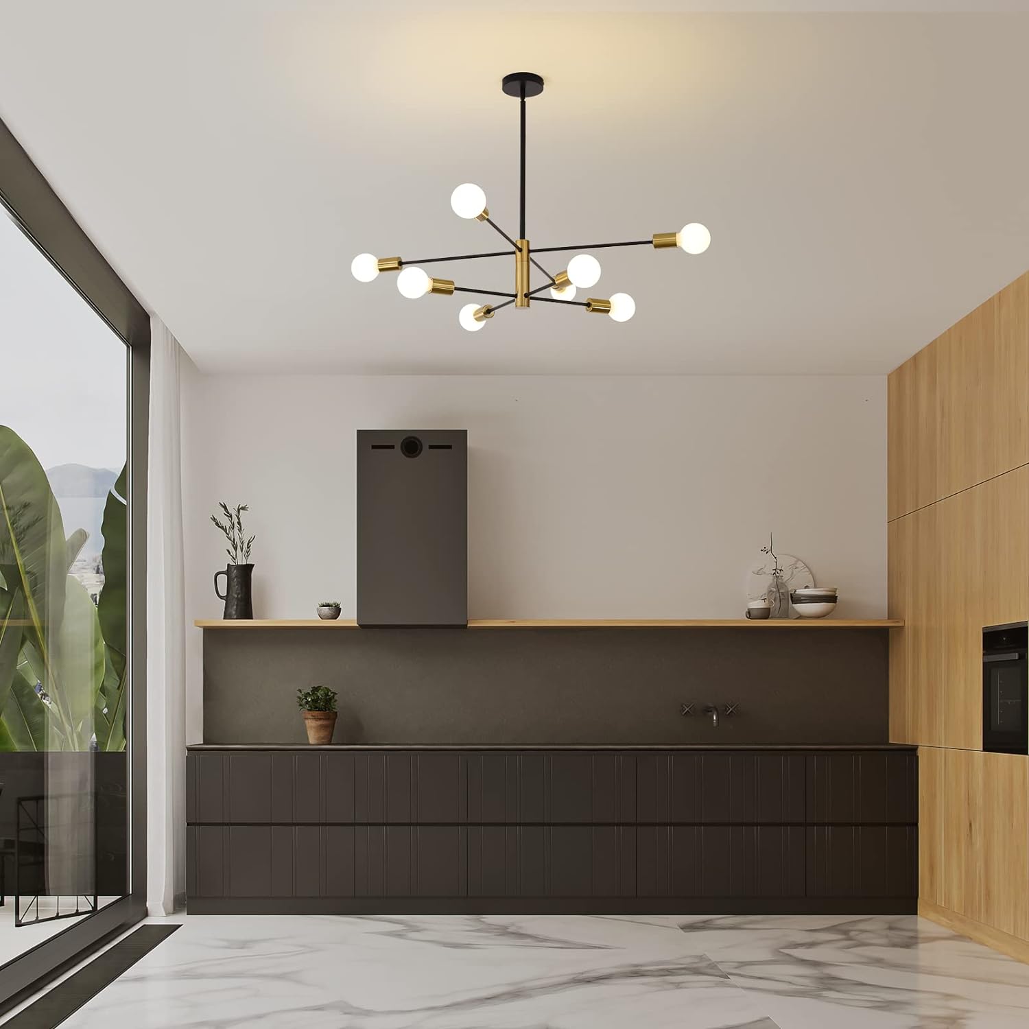 Modern 8-Light Sputnik Chandelier, Adjustable Black & Gold, 85cm H x 54cm W - SuperSaverAU - view 4
