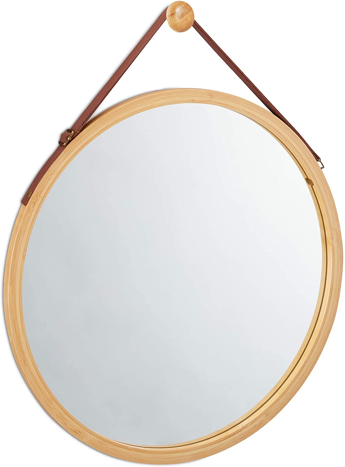 Hanging Round Wall Mirror 38cm - Bamboo Frame & Adjustable Leather Strap - SuperSaverAU - view 1