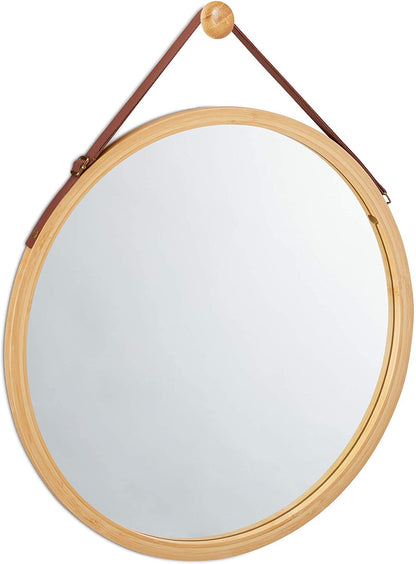 Hanging Round Wall Mirror 38cm - Bamboo Frame & Adjustable Leather Strap