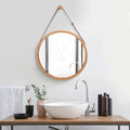 Hanging Round Wall Mirror 38cm - Bamboo Frame & Adjustable Leather Strap - SuperSaverAU - view 2