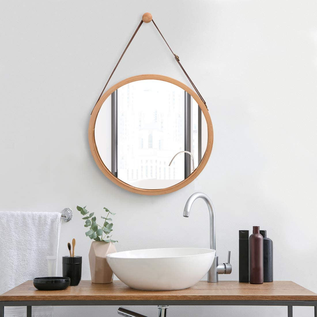 Hanging Round Wall Mirror 38cm - Bamboo Frame & Adjustable Leather Strap