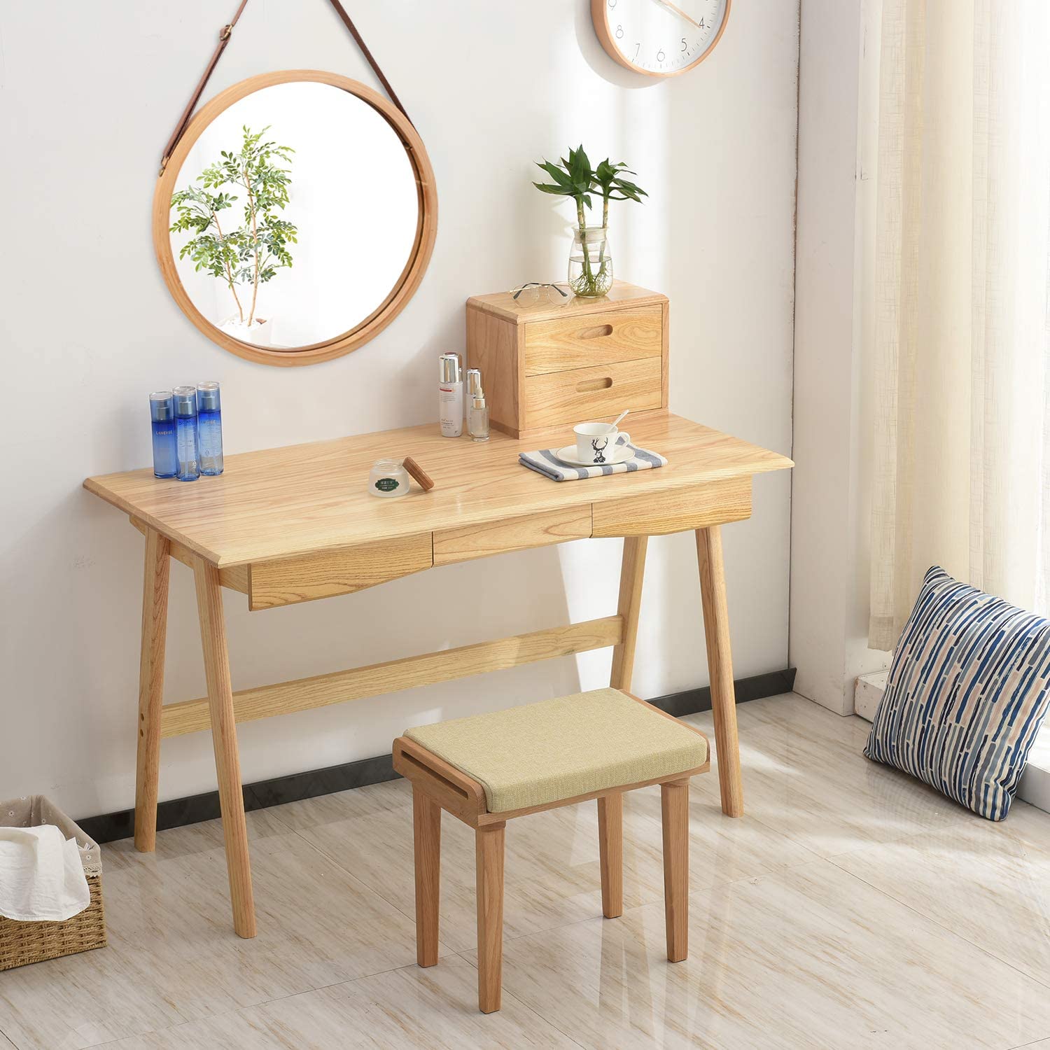 Hanging Round Wall Mirror 38cm - Bamboo Frame & Adjustable Leather Strap - SuperSaverAU - view 3