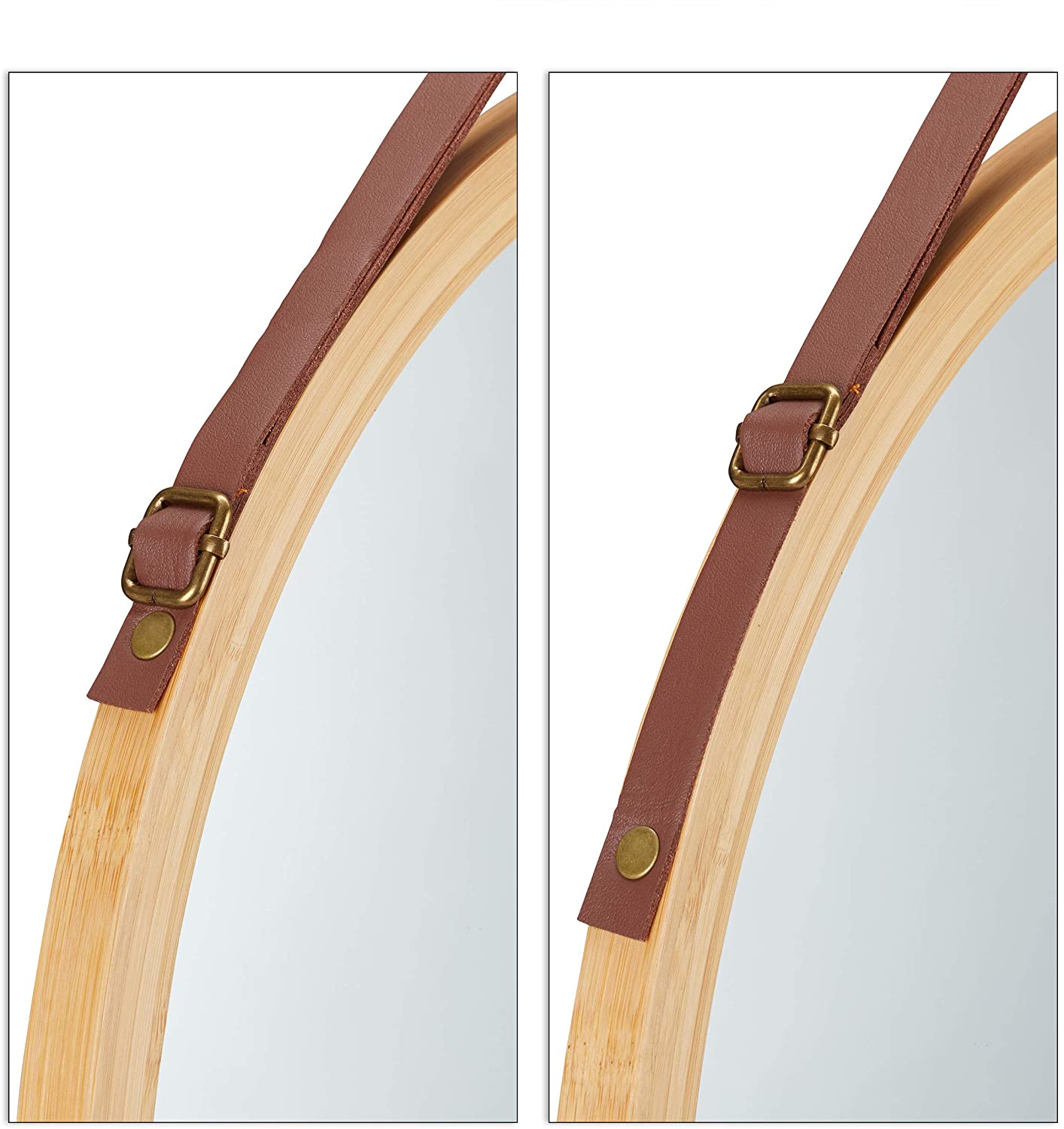 Hanging Round Wall Mirror 38cm - Bamboo Frame & Adjustable Leather Strap
