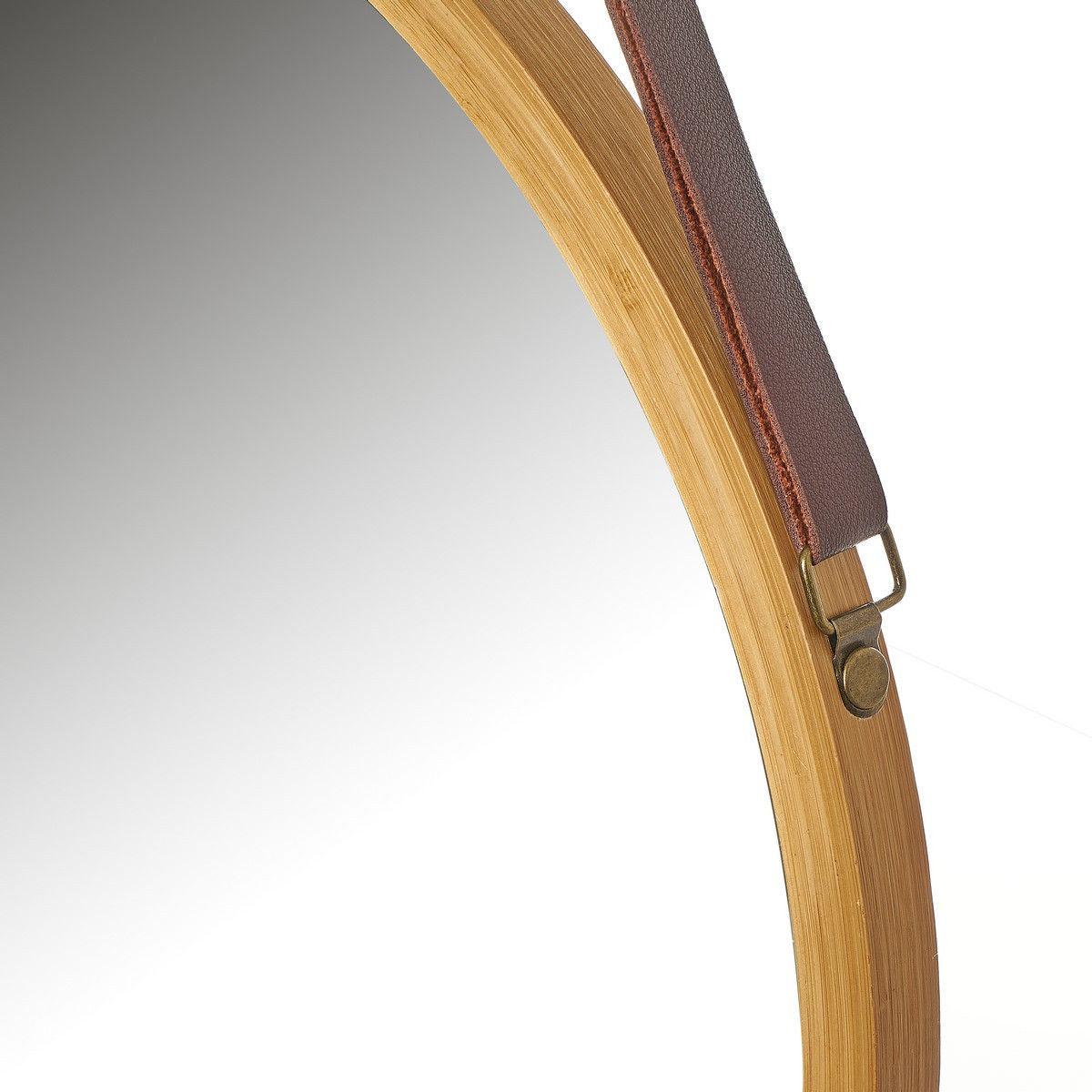 Hanging Round Wall Mirror 38cm - Bamboo Frame & Adjustable Leather Strap - SuperSaverAU - view 5