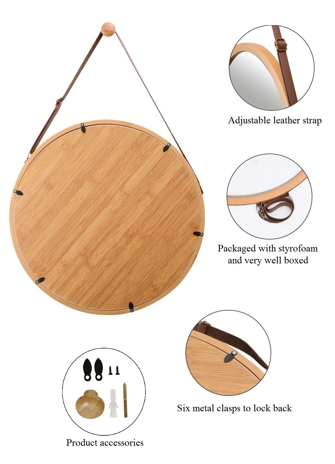 Hanging Round Wall Mirror 38cm - Bamboo Frame & Adjustable Leather Strap