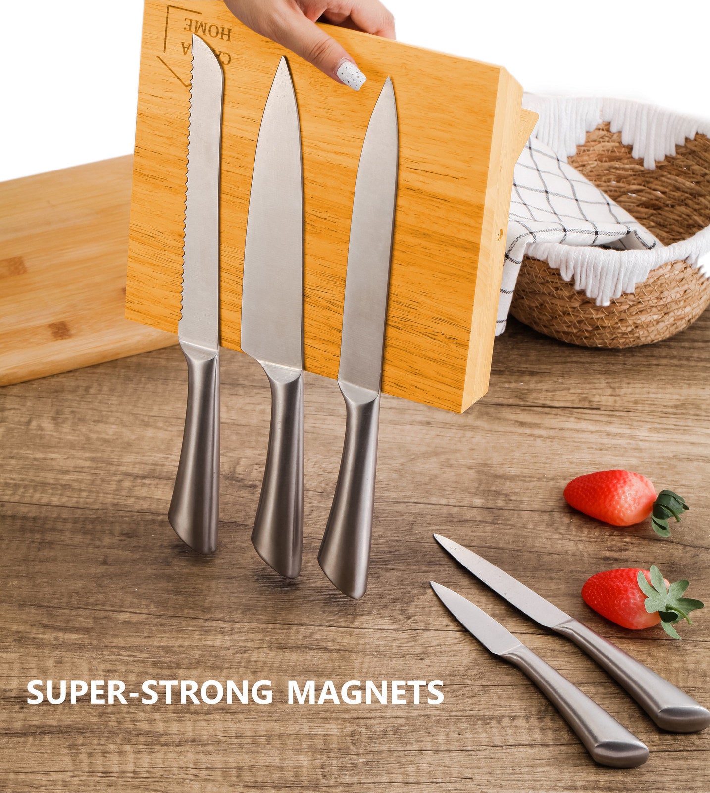 Natural Bamboo Magnetic Knife Block Holder 12x21x23 cm with Strong Magnets - SuperSaverAU - view 1