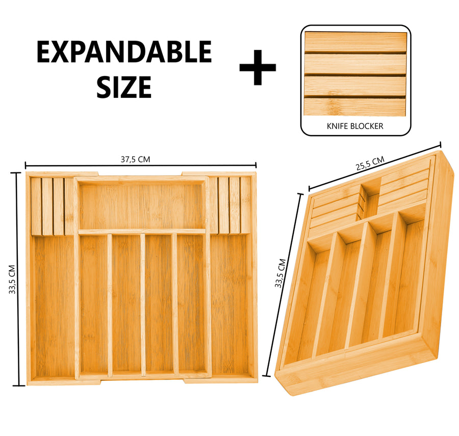 Large Capacity Bamboo Expandable Drawer Organizer 37.5x33.5cm with Knife Block Holder - SuperSaverAU - view 1