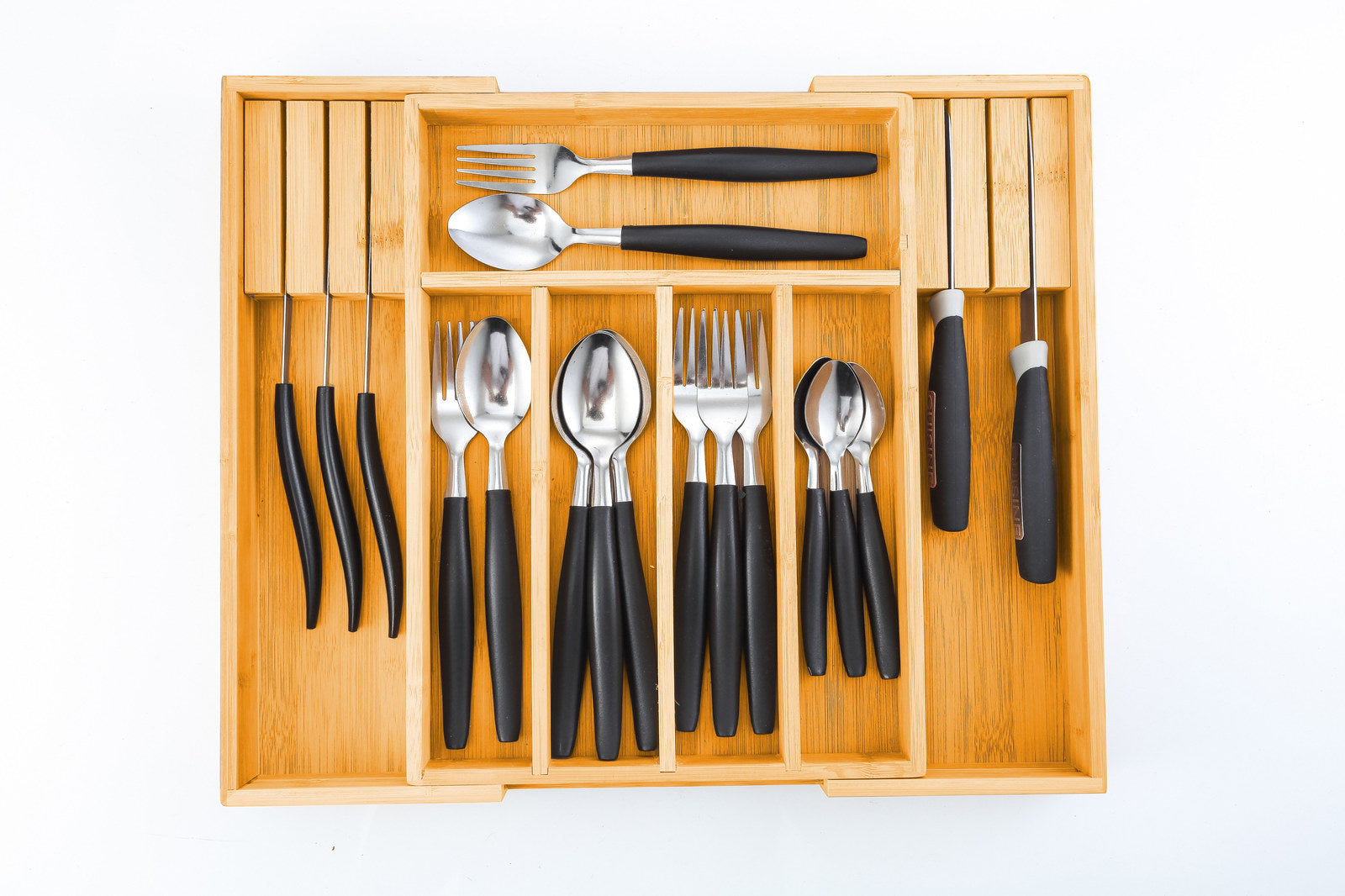 Large Capacity Bamboo Expandable Drawer Organizer 37.5x33.5cm with Knife Block Holder - SuperSaverAU - view 2