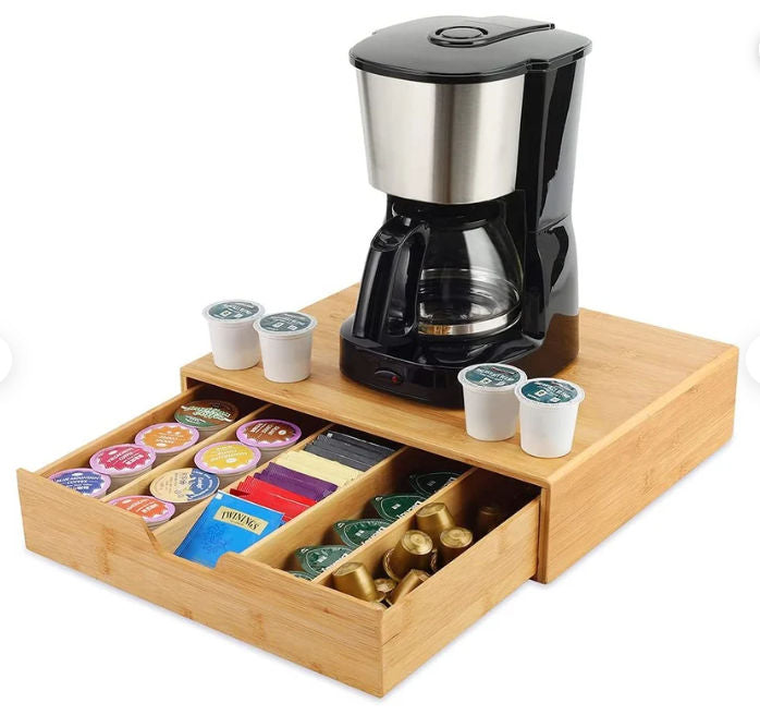 Bamboo K-Cup Holder 35.5x30.5x7.6cm with Adjustable Drawer & 4 Dividers - SuperSaverAU - view 1