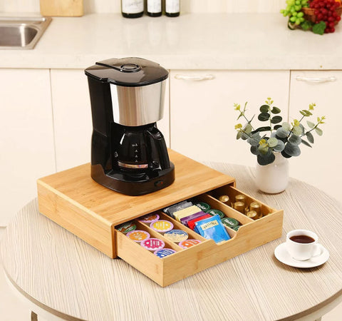Bamboo K-Cup Holder 35.5x30.5x7.6cm with Adjustable Drawer & 4 Dividers - SuperSaverAU - view 2