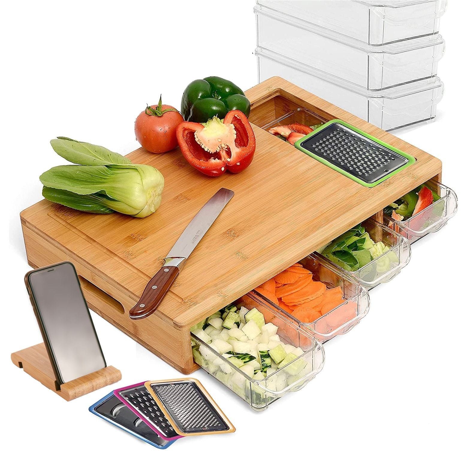 Large Bamboo Cutting Board 31x44 cm with 4 Containers & Mobile Holder Gift - SuperSaverAU - view 1