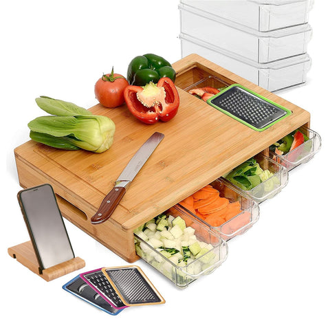 Large Bamboo Cutting Board 31x44 cm with 4 Containers & Mobile Holder Gift - SuperSaverAU - view 1